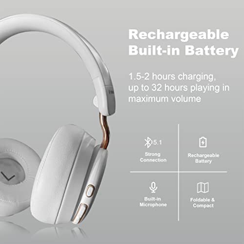 Hmusic Bluetooth Headphones, On Ear Headphones, Bluetooth 5.1 or Wired Connection, 32H Playtime Soft Protein Leather Ear Cups Wireless Headphone with Built-in Mic for Travel, Home, Office (White)