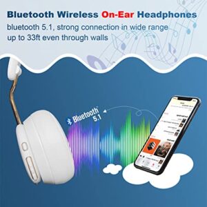 Hmusic Bluetooth Headphones, On Ear Headphones, Bluetooth 5.1 or Wired Connection, 32H Playtime Soft Protein Leather Ear Cups Wireless Headphone with Built-in Mic for Travel, Home, Office (White)