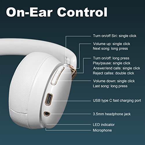 Hmusic Bluetooth Headphones, On Ear Headphones, Bluetooth 5.1 or Wired Connection, 32H Playtime Soft Protein Leather Ear Cups Wireless Headphone with Built-in Mic for Travel, Home, Office (White)