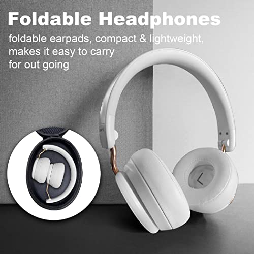 Hmusic Bluetooth Headphones, On Ear Headphones, Bluetooth 5.1 or Wired Connection, 32H Playtime Soft Protein Leather Ear Cups Wireless Headphone with Built-in Mic for Travel, Home, Office (White)