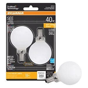 sylvania led truwave natural series décor globe g 16.5 light bulb, 40w equivalent, 4.5 efficient, candelabra base, dimmable, 350 lumens, 2700k, frosted, soft white – 2 pack (40797)