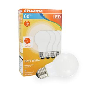 sylvania reduced eye strain a19 led light bulb, 60w = 8w, 13 year, dimmable, frosted, 2700k, soft white – 4 pk