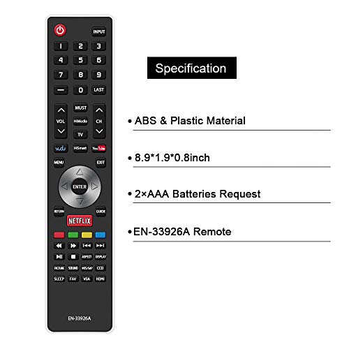 Gvirtue EN-33926A Remote Control Compatible Replacement for Hisense EN33926A TV Remote, Applicable 32K366W 40K366WB 32K20DW 32K20W 40H5 50K610GWN 55K610GWN XV5849 32H5B 40H5B 40K366WN 48H5 50H5B