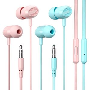 eloven 3.5mm wired headphones hifi stereo sound wired earbuds noise cancelling in-ear headset with bulit-in mic volume control sports earphones for iphone samsung ipad (2 pack pink+blue)