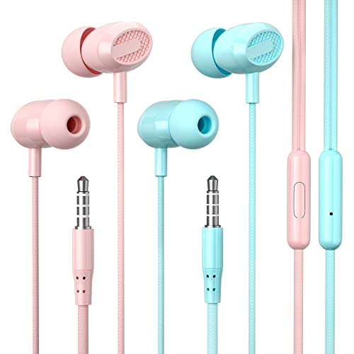 ELOVEN 3.5mm Wired Headphones HiFi Stereo Sound Wired Earbuds Noise Cancelling in-Ear Headset with Bulit-in Mic Volume Control Sports Earphones for iPhone Samsung iPad (2 Pack Pink+Blue)