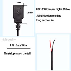 XMSJSIY USB 2.0 Female Pigtail Cable Extension Power Cable 22AWG 5V 3A USB A Socket to 2 Pin Bare Wire Open End Connector for DIY-2 Pcs (0.3M)