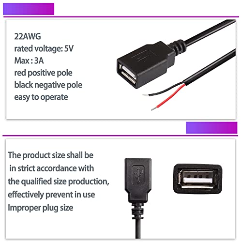 XMSJSIY USB 2.0 Female Pigtail Cable Extension Power Cable 22AWG 5V 3A USB A Socket to 2 Pin Bare Wire Open End Connector for DIY-2 Pcs (0.3M)