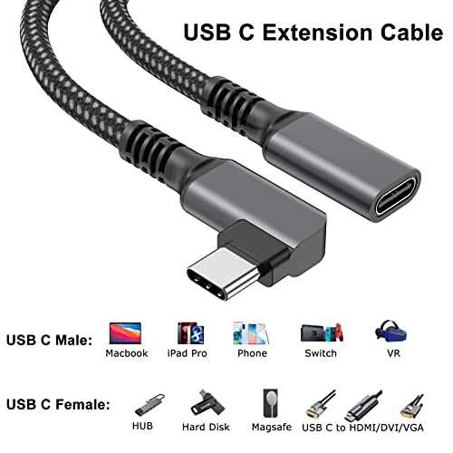 USB C Extension Cable 6.6ft, USB Type-C 3.1 Extender Cord 100W 10 Gbps, USB C to USB C Male to Female Right Angle for Laptop Tablet Mobile Phone Nintendo Switch