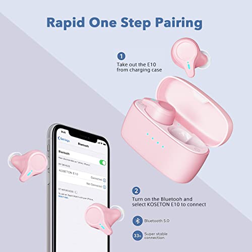 KOSETON Pink True Wireless Earbuds – Mini Wireless in-Ear Headphones for Running and Sport, Bluetooth Earbuds with Superior Sound & Premium Comfort, 30 Hour Battery