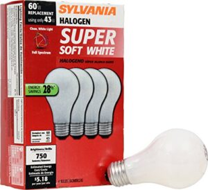 sylvania halogen a19 light bulb, 43w=60w equivalent, e26 medium base, 600 lumens, 100 cri, 2700k soft white – 4 pack (50005)