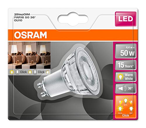 OSRAM LED Reflector lamp / Base: GU10 / Warm White / 2700 K / 4.40 W / Replacement for 50 W Reflector lamp / LED Three Step DIM PAR16 [Energy Efficiency Class A+] / Pack of 6