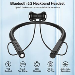 WESADN Bluetooth Headphones Neckband Wireless Earbuds with Microphone Flashlight Noise Cancelling Deep Bass 120H Playtime IPX7 Waterproof Outdoor Sports Running Headset for iPhone Android, Black