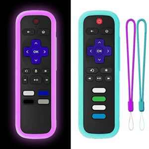 2pack remote case for roku express 4k+ 2021 – taiyiluo silicone universal protective controller sleeve compatible with tcl roku | hisense roku | streaming stick+ with lanyards(glow purple & sky blue)