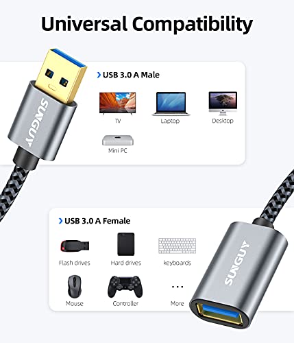 SUNGUY 5Gbps USB 3.0 Extension Cable, 1FT USB Extender, USB A Male to Female Cord, Braided High Data Transfer Compatible with Xbox, Hard Drive, Webcam, USB Keyboard, Mouse, Flash Drive, Oculus VR