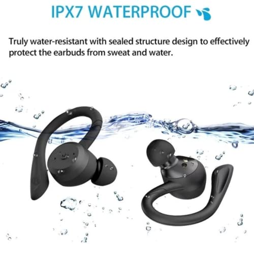 KOMC Noise Cancelling Wireless Earbuds, in-Ear Detection Headphones, IPX7 Waterproof Bluetooth 5.0 Stereo Earphones, Immersive Sound Premium Deep Bass Headset, Black, TWSD030