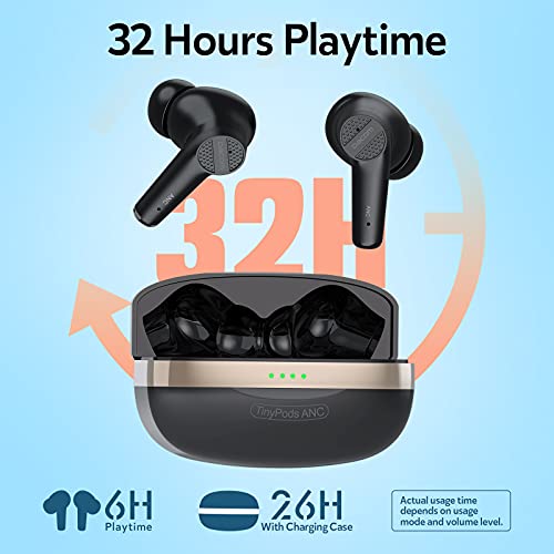 DACOM Wireless Earbuds Active Noise Cancelling Bluetooth 5.2 Built-in Microphone 32H Playtime Mini Charging Case in-Ear Earphones for iPhone Android Work Immersive Sound Premium Deep Bass Headset