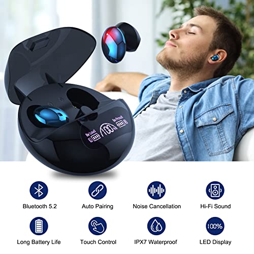 Wireless Earbuds Bluetooth Headphones, Sport Earphones with Mic LED Display, Noise Cancelling Headset with Wireless Charging Case, 24H Playtime,IPX7 Waterproof Touch Control Over-Ear Earbuds-Blue