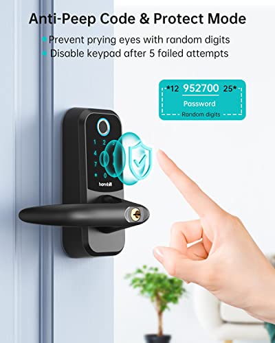 Hornbill Smart Lock Keyless Entry with Handle - Fingerprint Door Locks for Front Door - Keypad Electronic Digital Biometric Bluetooth Passcodes Alexa App Control Touch Screen Key Fobs - Airbnb Home