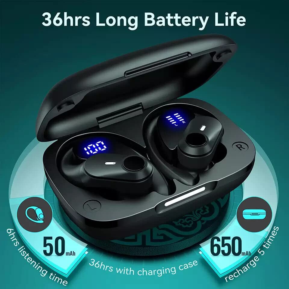 SGNICS for Samsung Galaxy A42 5G Wireless Earbuds Headphones with Charging Case & Dual Power Display Over-Ear Waterproof Earphones with Earhook Headset with Mic for Sport Running Workout Black
