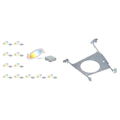 Sylvania 5”/6” LED Slim MicroDisk Recessed Downlight with Trim, 16W=100W, 5 CCT Selectable & Halo HL6RSMF Mounting Frame, Silver