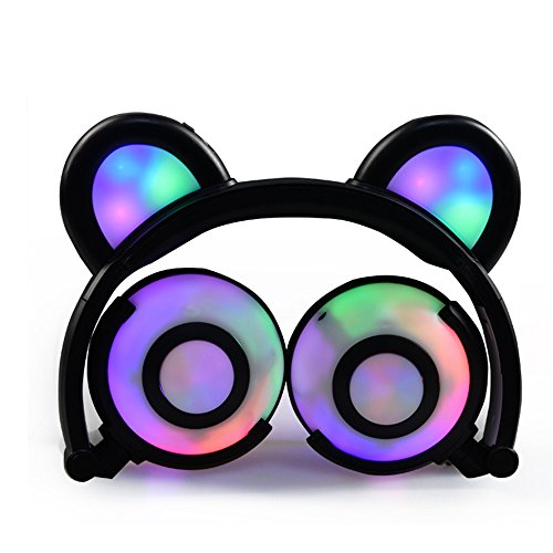 GZCRDZ Kids Headphones Bear Ear-Inspired USB Rechargeable LED Backlight,Wired On/Over Ear Gaming Headsets 85dB Volume Limited for Girls,Boys,Compatible for Kids Tablet,iPad,iPhone,Android,PC（Black）