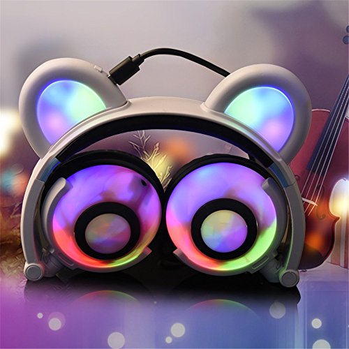 GZCRDZ Kids Headphones Bear Ear-Inspired USB Rechargeable LED Backlight,Wired On/Over Ear Gaming Headsets 85dB Volume Limited for Girls,Boys,Compatible for Kids Tablet,iPad,iPhone,Android,PC（Black）