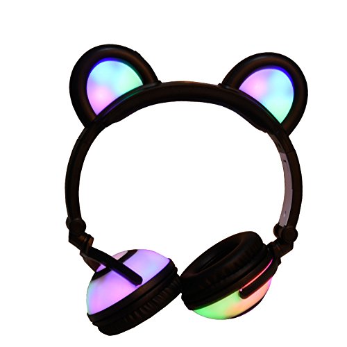 GZCRDZ Kids Headphones Bear Ear-Inspired USB Rechargeable LED Backlight,Wired On/Over Ear Gaming Headsets 85dB Volume Limited for Girls,Boys,Compatible for Kids Tablet,iPad,iPhone,Android,PC（Black）