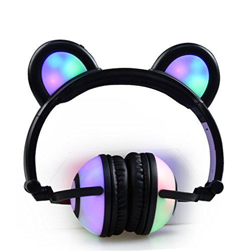 GZCRDZ Kids Headphones Bear Ear-Inspired USB Rechargeable LED Backlight,Wired On/Over Ear Gaming Headsets 85dB Volume Limited for Girls,Boys,Compatible for Kids Tablet,iPad,iPhone,Android,PC（Black）