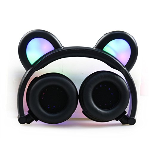GZCRDZ Kids Headphones Bear Ear-Inspired USB Rechargeable LED Backlight,Wired On/Over Ear Gaming Headsets 85dB Volume Limited for Girls,Boys,Compatible for Kids Tablet,iPad,iPhone,Android,PC（Black）