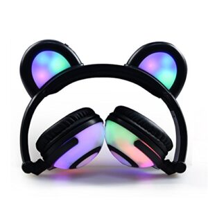 GZCRDZ Kids Headphones Bear Ear-Inspired USB Rechargeable LED Backlight,Wired On/Over Ear Gaming Headsets 85dB Volume Limited for Girls,Boys,Compatible for Kids Tablet,iPad,iPhone,Android,PC（Black）