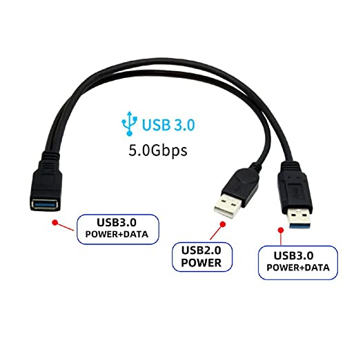 cablecc Black USB 3.0 Female to Dual USB Male Extra Power Data Y Extension Cable for 2.5" Mobile Hard Disk