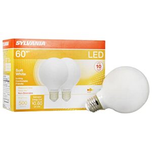 sylvania g25 globe décor led light bulb, 60w equivalent efficient 5w, 10 year, non-dimmable, 500 lumens, 2700k, soft white, frosted – 2 pack (40215)