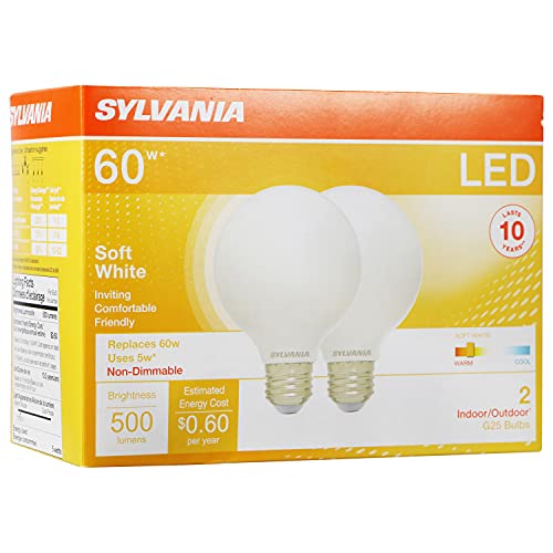 SYLVANIA G25 Globe Décor LED Light Bulb, 60W Equivalent Efficient 5W, 10 Year, Non-Dimmable, 500 Lumens, 2700K, Soft White, Frosted - 2 Pack (40215)