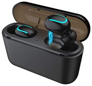 alpha digital wireless ear-buds, bluetooth 5.0, easier pairing, longer distance, best sound quality, sweat-proof design, 20 hours play time, storage case for charging, black (q32)