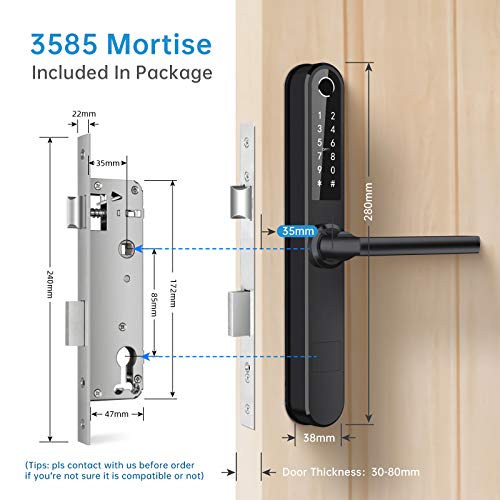 Luston Slim Smart Lock Front Door Stainless Steel Waterproof Mortise Lock,Keyless Entry Door Lock,WiFi Bluetooth Fingerprint Digital Keypad Aluminum Swing Door Lock with Handle(Black)