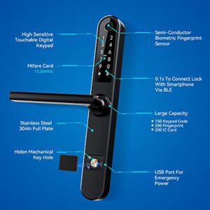 Luston Slim Smart Lock Front Door Stainless Steel Waterproof Mortise Lock,Keyless Entry Door Lock,WiFi Bluetooth Fingerprint Digital Keypad Aluminum Swing Door Lock with Handle(Black)