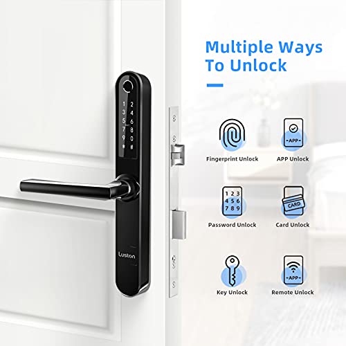 Luston Slim Smart Lock Front Door Stainless Steel Waterproof Mortise Lock,Keyless Entry Door Lock,WiFi Bluetooth Fingerprint Digital Keypad Aluminum Swing Door Lock with Handle(Black)