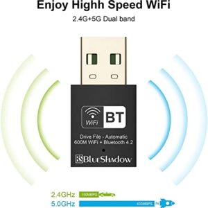 Blueshadow 2-in-1 USB WiFi Bluetooth Adapter - Dual Band 2.4G/5G Wireless Network Adapter Mini WiFi Dongle for PC/Desktop/Laptop Support Win 7/8/10(USB WiFi 600Mbps)