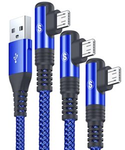 sweguard micro usb cable right angle [3-pack,3.3ft+6.6ft+10ft] android charger cable, nylon braided micro charger cord for samsung galaxy s7 edge s6 s2 j7 j5 j3 j3v j2,lg k10 v10,moto e6 5 4,ps4-blue