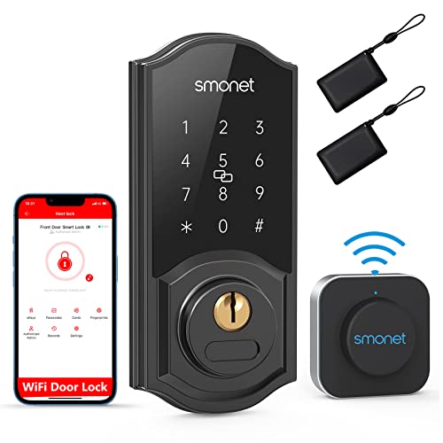 WiFi Door Lock,SMONET Remote Control Smart Deadbolt, Digital Electronic Keyless Entry Locks Bluetooth Touchscreen Auto Lock with Gateway Hub, Work with Alexa,APP,Code,Key for Home Front Door,Black