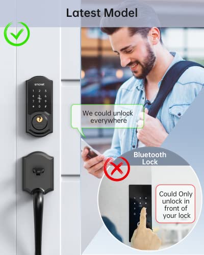 WiFi Door Lock,SMONET Remote Control Smart Deadbolt, Digital Electronic Keyless Entry Locks Bluetooth Touchscreen Auto Lock with Gateway Hub, Work with Alexa,APP,Code,Key for Home Front Door,Black