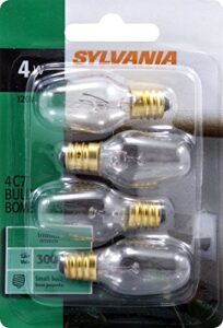 sylvania incandescent light bulb, c7, 4w, candelabra base, 15 lumens, 2850k, non-dimmable, clear, soft white – 4 pack (13549)