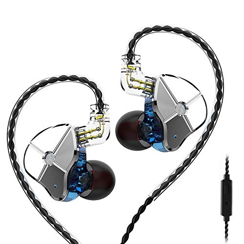 Hybrid Dual Drivers in Ear Monitors, 1DD+1BA HiFi Stereo Sound in Ear Earphone with Detachable Cable Sport Earbud Tuning Nozzles for IP Android Window (with Mic, Blue)