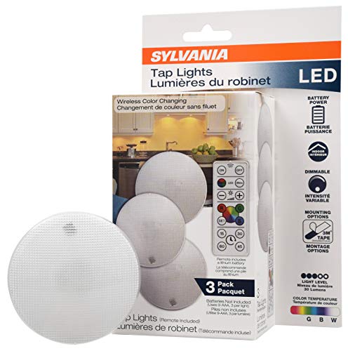 SYLVANIA RGBW Puck LED Night Light with Remote Control, White and RGB Color, Dimmable, Soft White, 2700K, Batteries Not Included - 3 Pack (64999)