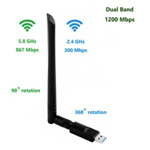 Realtek RTL8812BU USB Wireless Adapter 1200 Mbps with 5 dBi Antenna Dual Band AC1200 WiFi Dongle IEEE 802.11 a b g n ac for Laptop Desktop USB 3.0 Network Adapter Support Windows 10 Mac