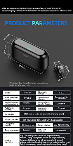 F9 TWS LED Touch Wireless Bluetooth Headset Stereo Noise Cancelling earplug with 2000mAh Charging case Mobile Power Supply, Black