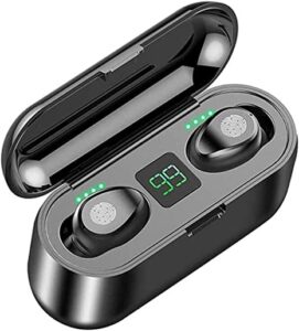 f9 tws led touch wireless bluetooth headset stereo noise cancelling earplug with 2000mah charging case mobile power supply, black