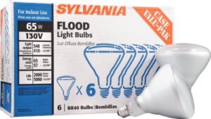 sylvania incandescent 65w br40 flood light bulb, 540 lumens, 130 volt, e26 medium base, 2850k, warm white – 6 pack (15679)