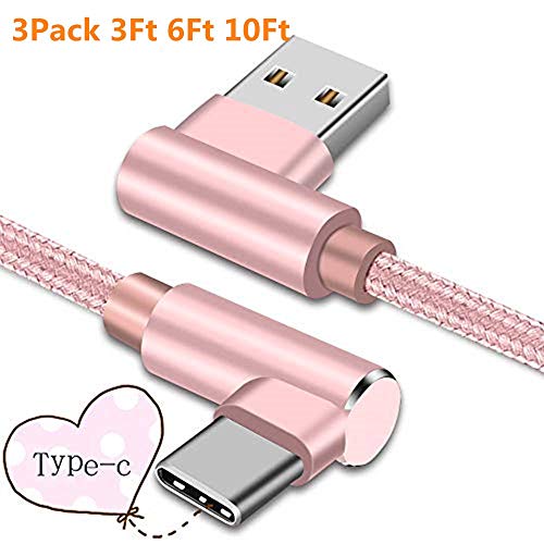 Right Angle USB C Cable, Type C 90 Degree Cable, Braided USB Type C Long Cord Fast Charging Sync Cable for Samsung Galaxy S20 S10 S10E S9 S8 Note 10 9 LG Google etc.(3Pack 3FT 6FT 10FT) (Rose Gold)