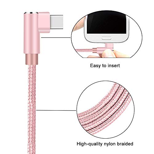 Right Angle USB C Cable, Type C 90 Degree Cable, Braided USB Type C Long Cord Fast Charging Sync Cable for Samsung Galaxy S20 S10 S10E S9 S8 Note 10 9 LG Google etc.(3Pack 3FT 6FT 10FT) (Rose Gold)